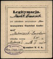 Legitymacja członkowska Towarzystwo Czytelni Ludowych, 1928